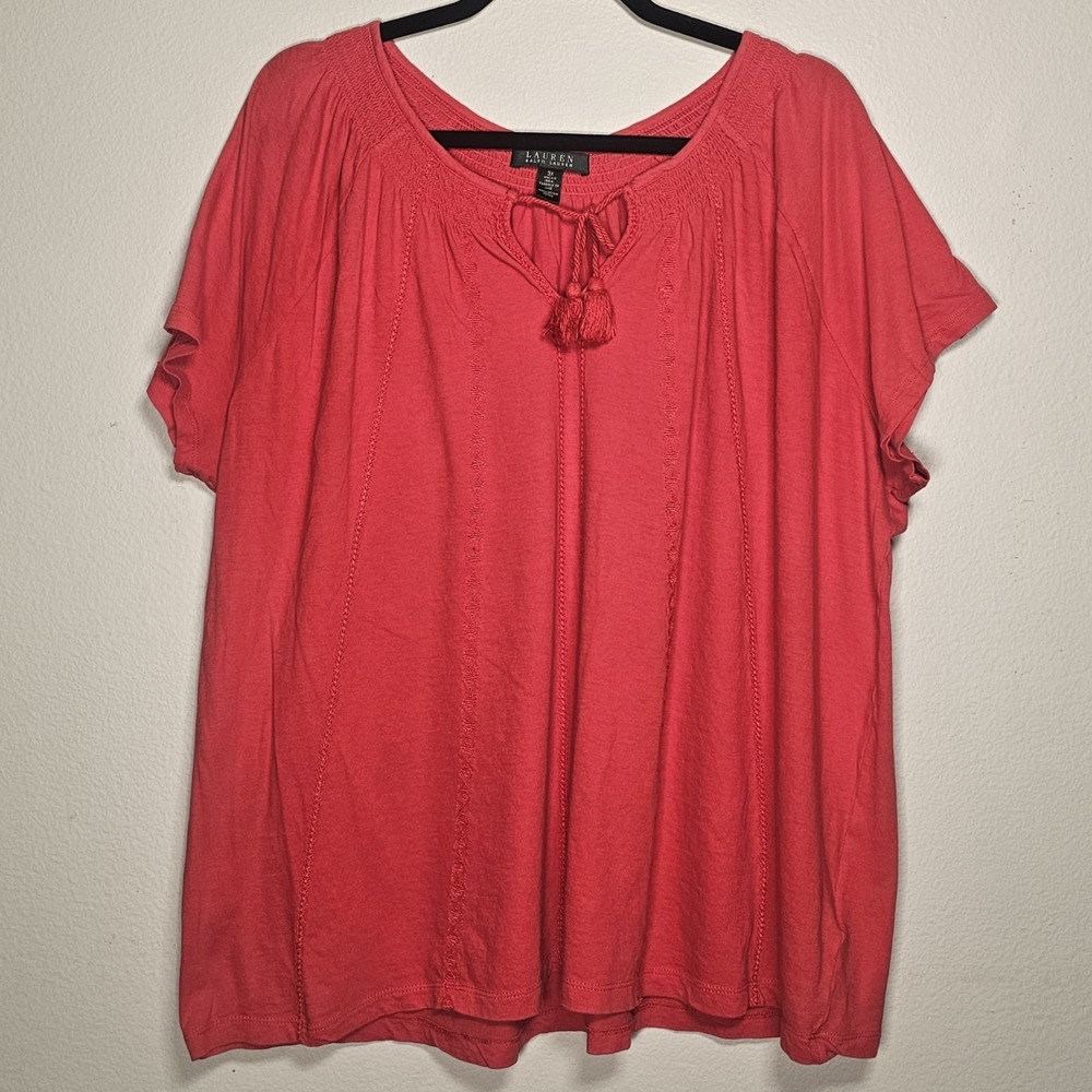 Lauren Ralph Lauren Womens 3X Red Neck Tie Boho Top Stretchy Embroidered Blouse - Picture 1 of 7